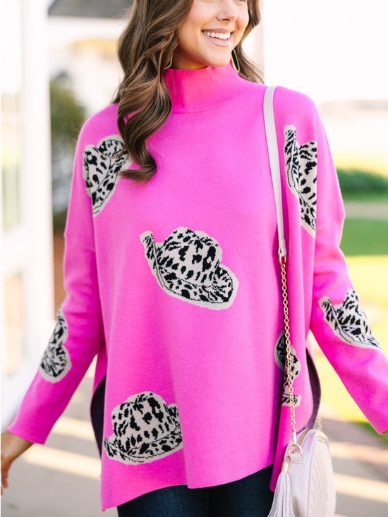 entro Sweaters - entro Women’s Large Sweater Bright Pink Mock Neck Animal Print Cowboy Hats NWT